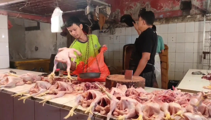 Pedagang melayani pembeli daging ayam di Pasar Tradisional Badak, Pandeglang